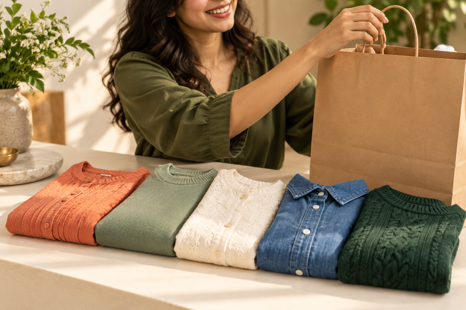 Five folded garments ready to take home with a paper bag