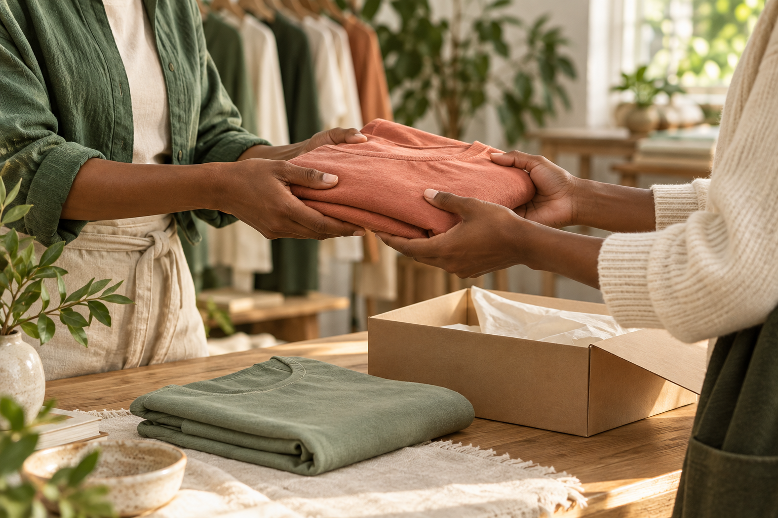 A carefully made garment being handed from a brand to a customer