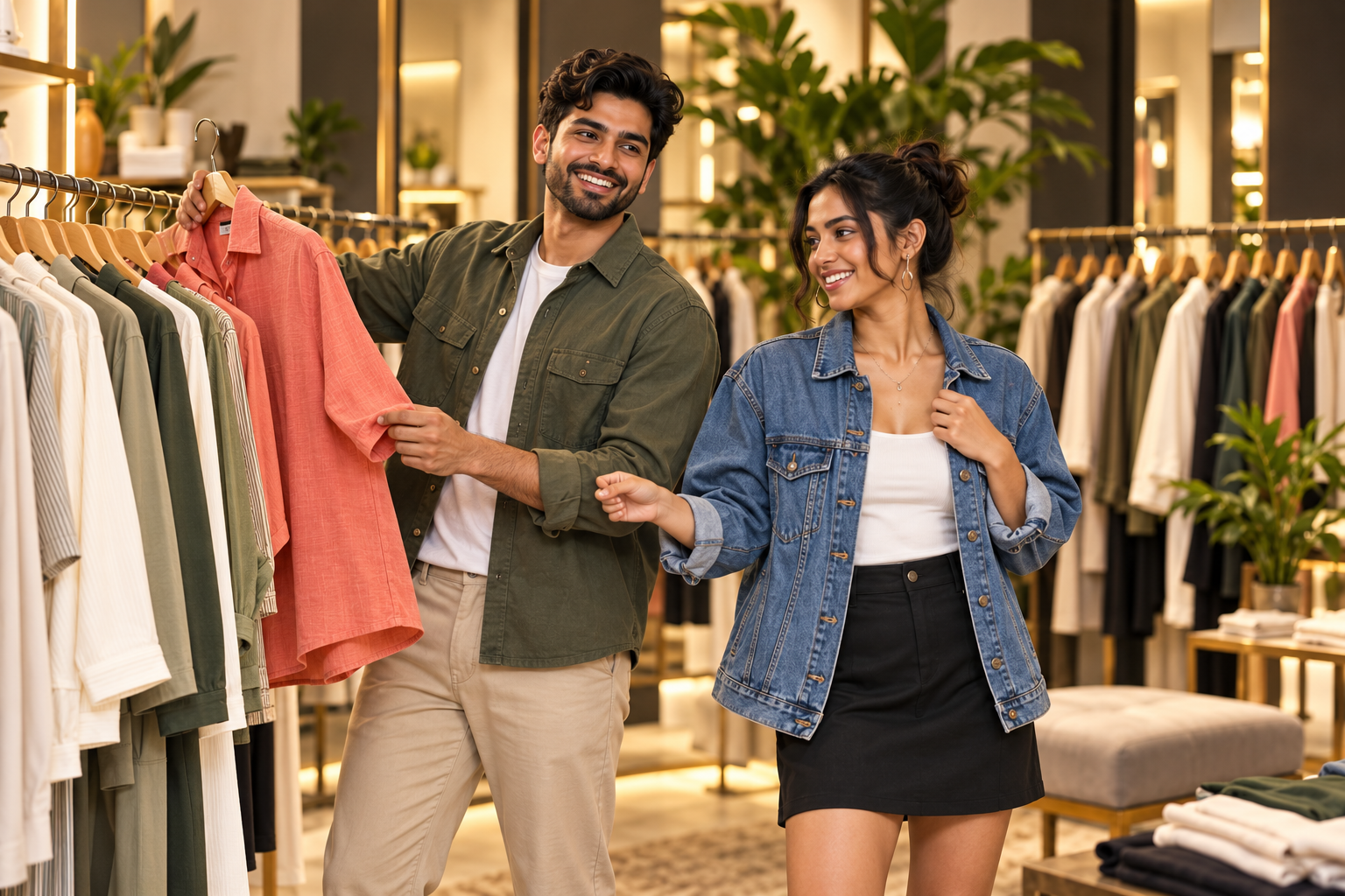 Try5 campaign characters choosing clothes together in a fitting studio
